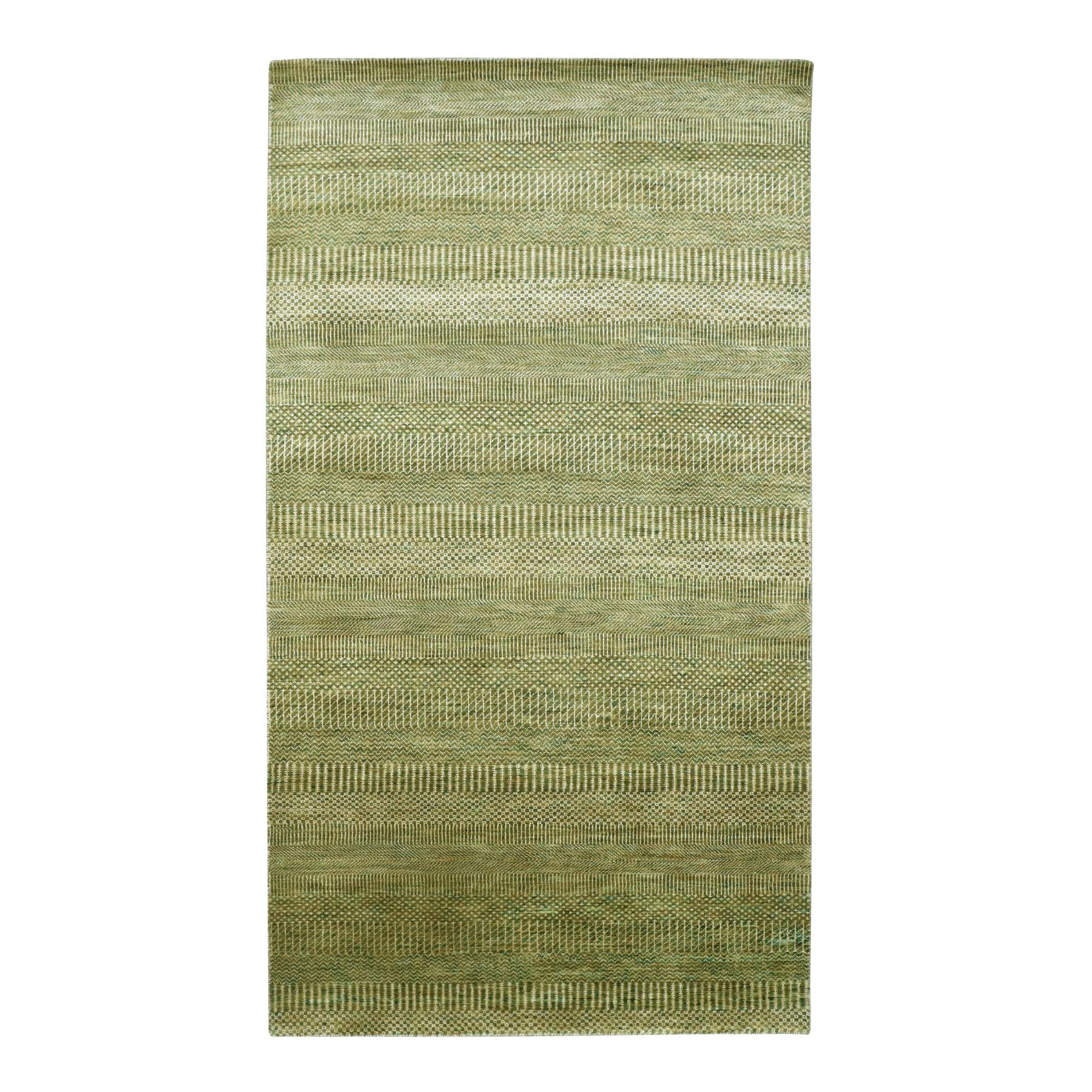 Ecru Olive Brown, Modern Grass Design, Hand Knotted, Denser Weave, Wool and Silk, Lush and Plush, Wide Runner, Oriental Rug